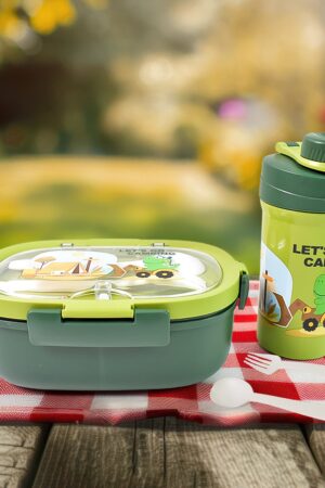 Plastic Lunch Box Leak Proof 3 Compartment with Bottle, Spoon and Fork (1 Set)