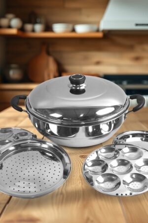 Stainless Steel Multi Kadai with 4 Plates in 1, 2 idli plates, 1 dhokla Plate, 1 Patra Plate, 1 kadai with 1 Lid (6 Pcs Set)