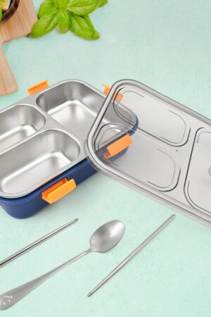 3 Compartment Transparent Stainless Steel Lunch Box with a Spoon and a Pair of Chopsticks (1 Set)