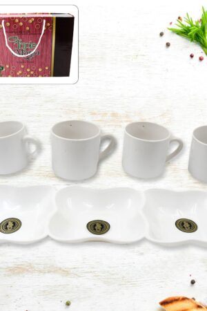 Triple Mazza Ceramic Tea / Cups Set Including 3 Compartment Plastic Serving Platter (4 Pcs Set)