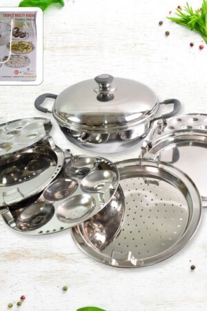 Stainless Steel Triply Multi Kadai idli, dhokla, Patra,  Mini idli plates, kadai with Lid  (8 Pcs Set / Free Glass Transparent Lid)