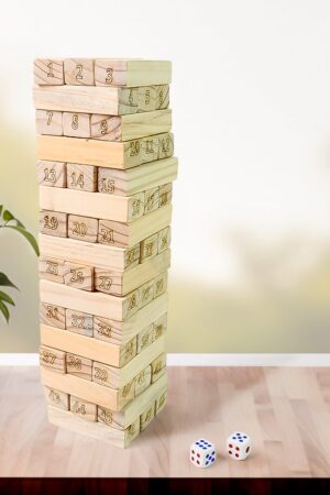 Wooden Tumbling Stacking Tower Game, Zenga tower (48 Pcs Blocks 2 Dices)