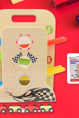 Wooden Ramp Racer Race Track Vehicle Play sets With 4 Mini Racers (with Handle)