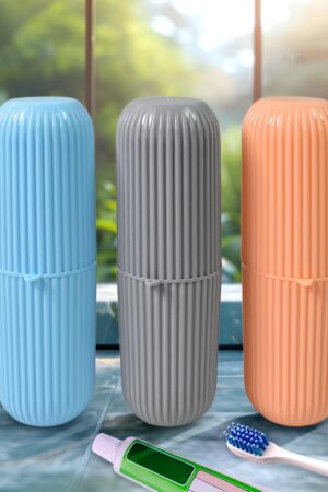 Capsule Shape Travel Toothbrush Toothpaste Case Holder (Multicolor / 3 Pcs Set)