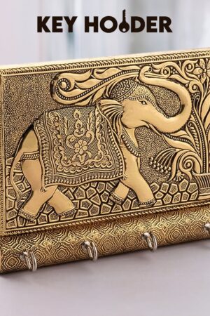 Wooden Key Holder for Home Decor Stylish Metal Gold Antique Elephant Design (1 Pc)