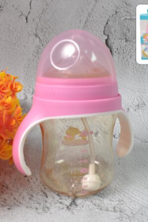 Plastic Baby Feeding Bottle with Handles, Cleaning brush & Straw (240 ML / 1 Pc)