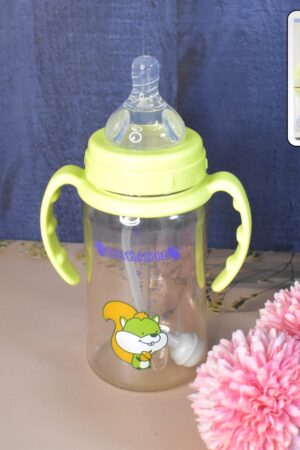 Plastic Baby Feeding Bottle with Handles, Cleaning brush & Straw (300 ML / 1 Pc)