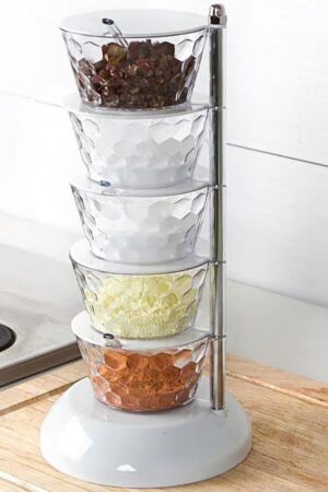 5 Section 360° Rotating Vertical Seasoning Box Plastic Pickle Tower | Spice Rack (5 Layer with 5 Plastic Spoon / 1 Set)