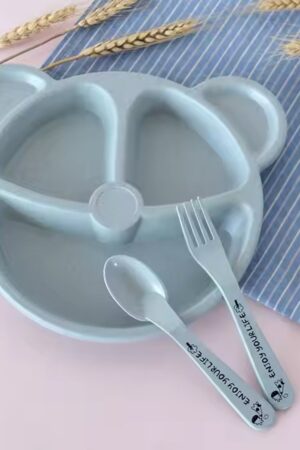 Kids 3 Compartment Food Tray / Plates With Spoon & Fork (1 Set)