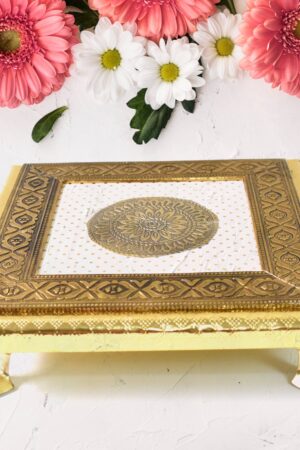 Golden - Square Pooja Chowki Patla / Bajot (20×20 CM / 1 Pc)