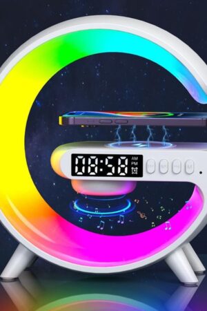 Smart Alarm Clock with G-Shape RGB Light Bluetooth Speaker, Wireless Charging (1 Pc)