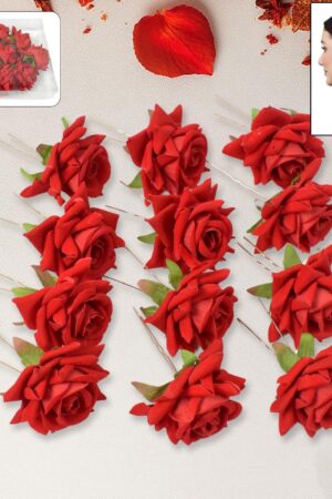 Hair Clip Red Rose Bridal Hair Pins Rose (12 Pcs Set)