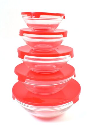 Modern Glass Bowl Set, Mixing / Storage Bowls with Red Lids (5 Pcs Set)