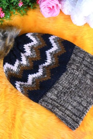 Winter Woolen Knitted Black Inside Fur Beanie Cap (1 Pc / Mix Design & Color)