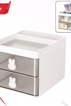2 Layer 5 Compartment Desk Organizer with Transparent Drawer (1 Pc / 15×13×11 Cm)